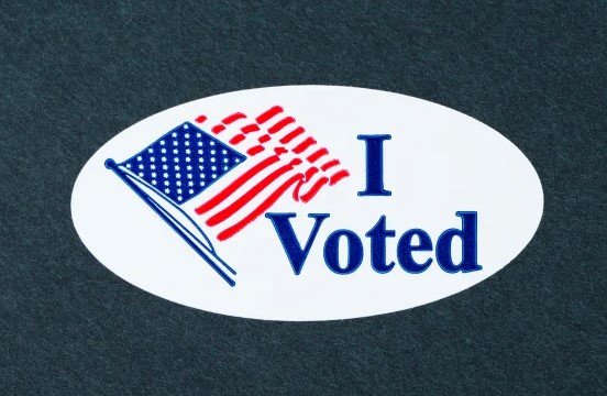 Oval sticker with US Flag and "I Voted"